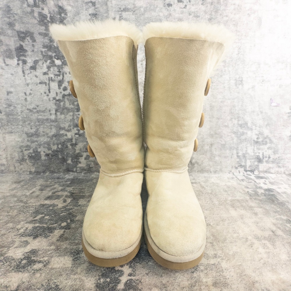 UGG Womens Size 7 Bailey Button Triplet Boots Sand Sheepskin Suede 1873 Tall - Picture 3 of 12
